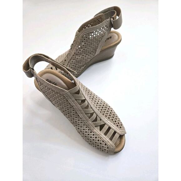 Earth Taupe Calla Perforated Leather Peep-Toe Sling-Back Wedge Sandals 9.5B - Picture 6 of 11